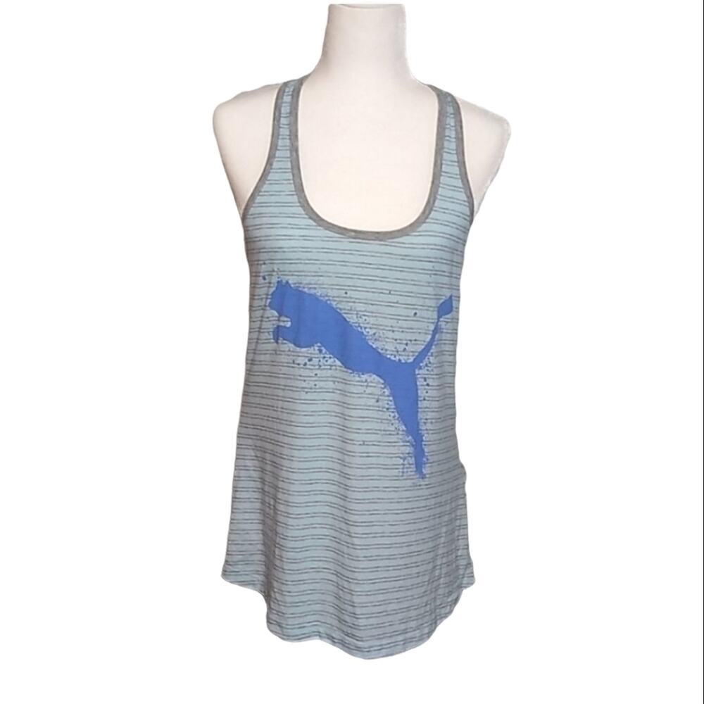 Puma SZ Medium Blue & Grey Racer Back Tank Top Striped Athletic Logo